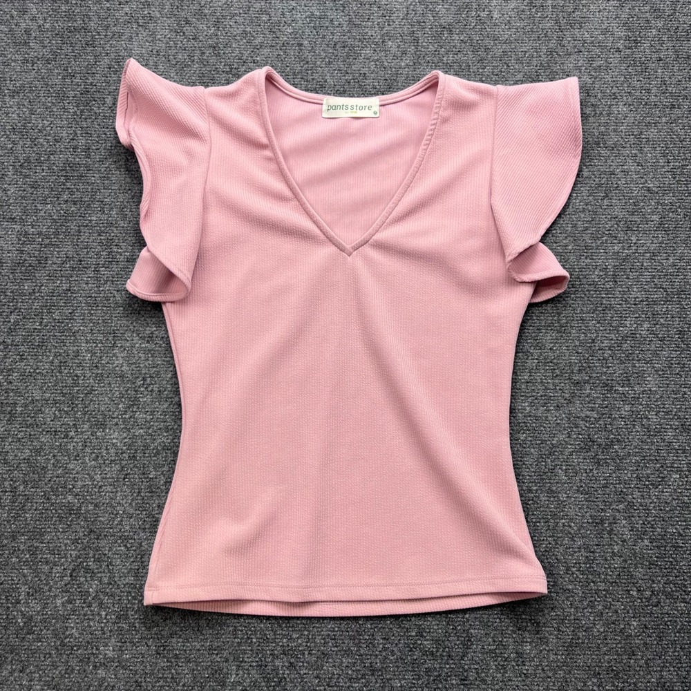 Pants Store Ribbed Flutter Sleeve V-Neck Pink Knit Blouse